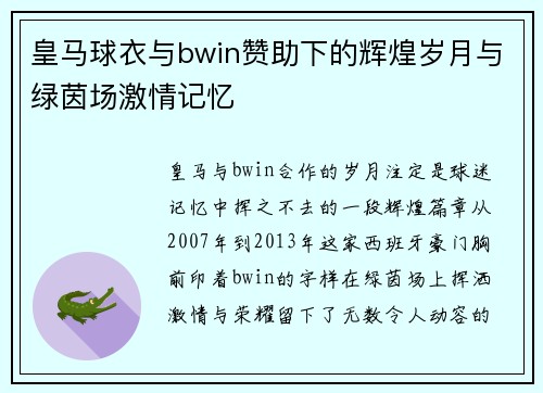 皇马球衣与bwin赞助下的辉煌岁月与绿茵场激情记忆 皇马球衣与bwin赞助下的辉煌岁月与绿茵场激情记忆